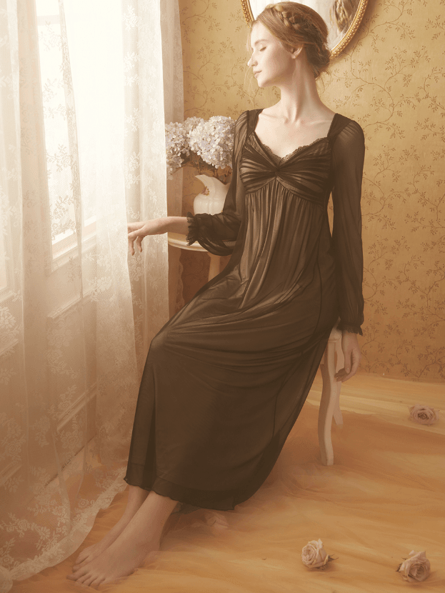 Black Gathering Details Vintage Tulle Nightgown