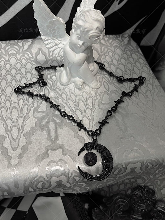 Black Thorn Design Moth / Moon Pendant Necklace