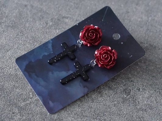 Clearance-Red and Black Handmade Roses With Cross Charm Earrings