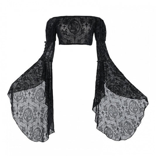 Cross Romantic Goth Top Black Lace Flounce Sleeves Cropped Top