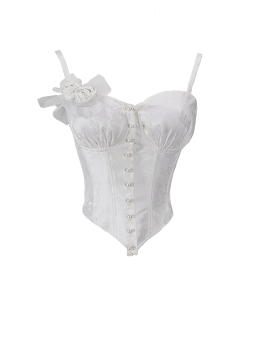 White Boned Corset Top with Underwire Cups Rosettes Brooch