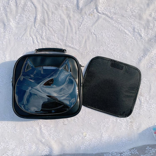 Cat Head-shaped Window Black PU Square Ita Bag