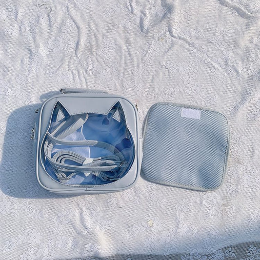 Cat Head-shaped Window Light Blue PU Square Ita Bag