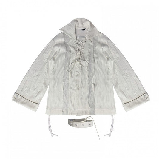 Lace-up Collar Wasteland Punk White Shirt with Waist Belt