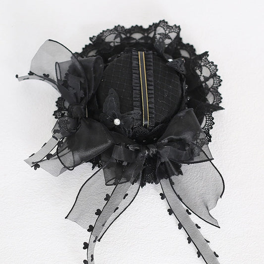 Black Vintage Bowknots Lace Trim Beaded Mini Hat