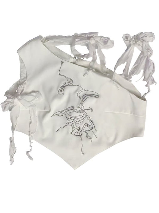 Butterfly Embroidery White Top Selt-tie Straps