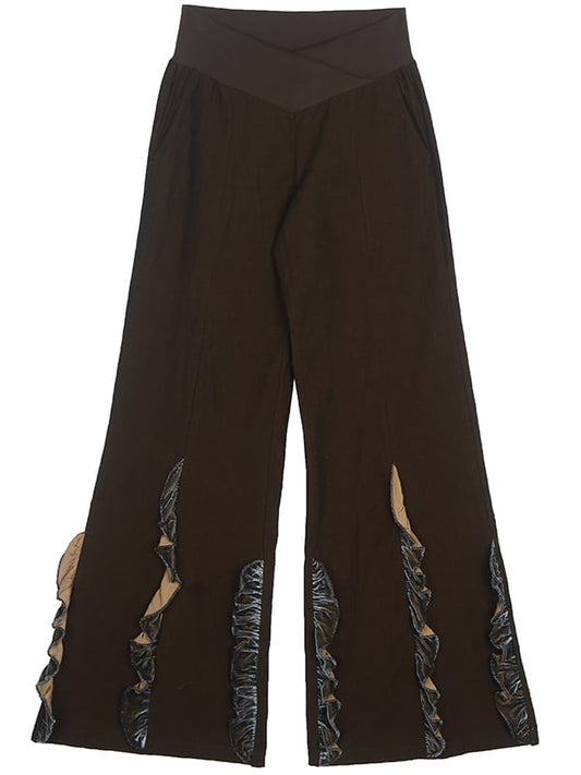 Dark Brown Cross-over Waistband Wide Leg Pants Ruffles Hem