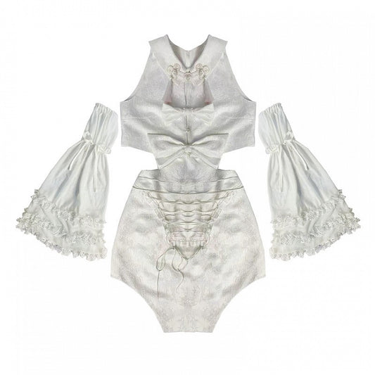 White Detachable Sleeveless Dress and Sleeves Set