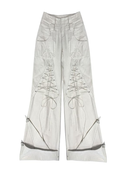 Lace-up Details White Denim Pants Double Waistband (Waistbelts Not Included)