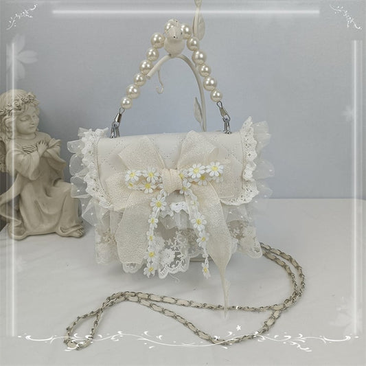 Lace Trim Floral Design Bow White / Beige Shoulder Bag