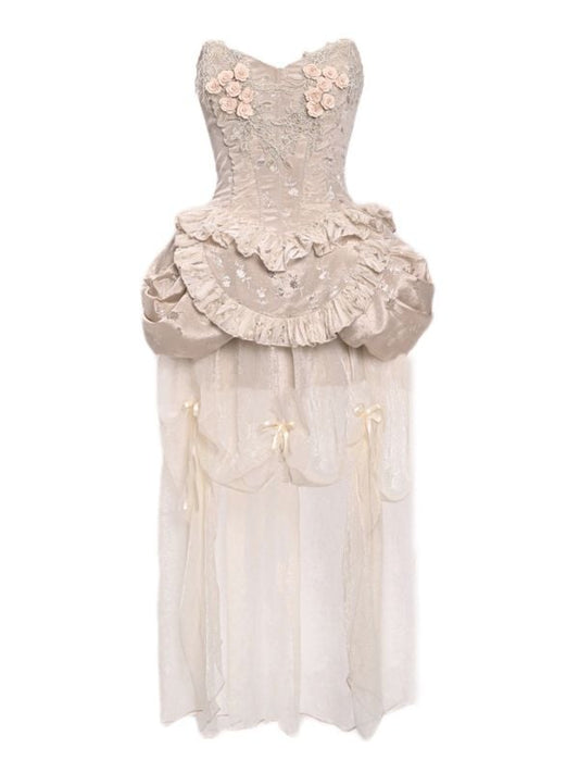 Champagne Boned Lace-up Floral Corset+Chiffon High-low Skirt Goth Set