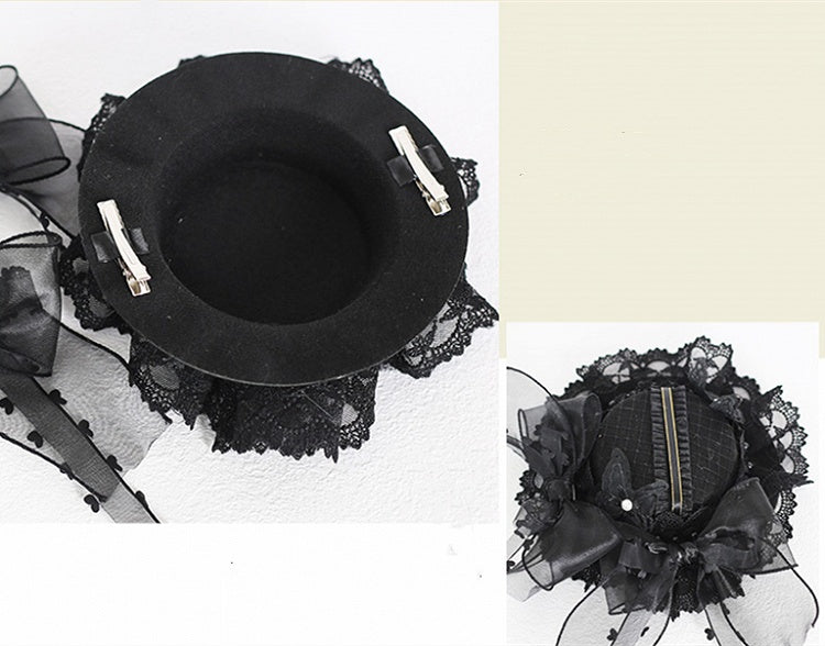 Black Vintage Bowknots Lace Trim Beaded Mini Hat