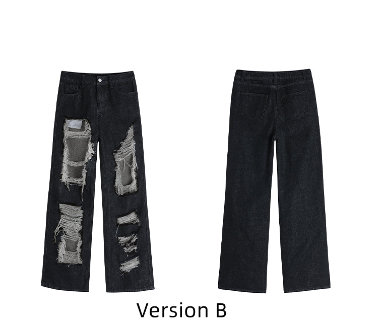 Distressed Holes Design Raw Fringes Black Jeans