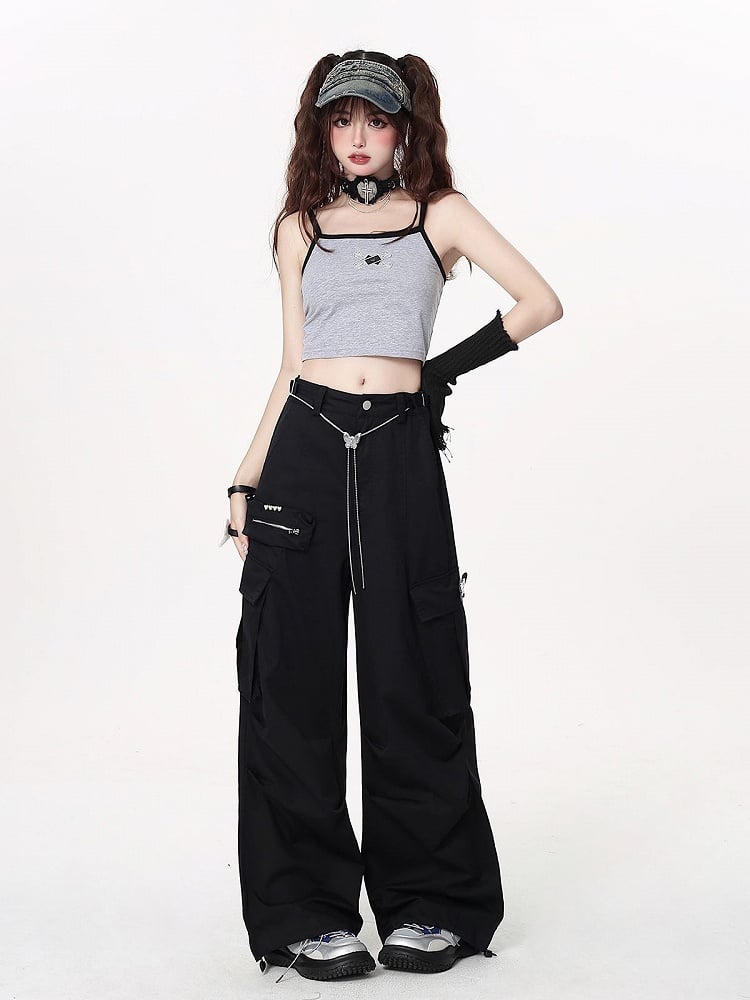 Black Techwear Wide-leg Cargo Pants with Butterfly Waist Chain
