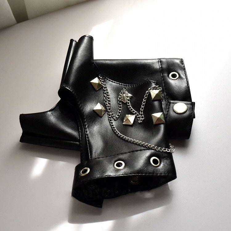 Studs and Chain Decorative Rock Black PU Gloves
