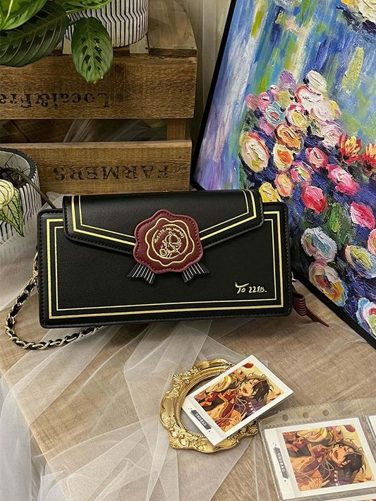 Rose Design Black Envelope Shaped Crossbody Ita Bag
