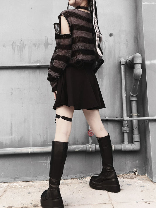 Punk Dark Gray Zip Design Striped Pattern Sweater