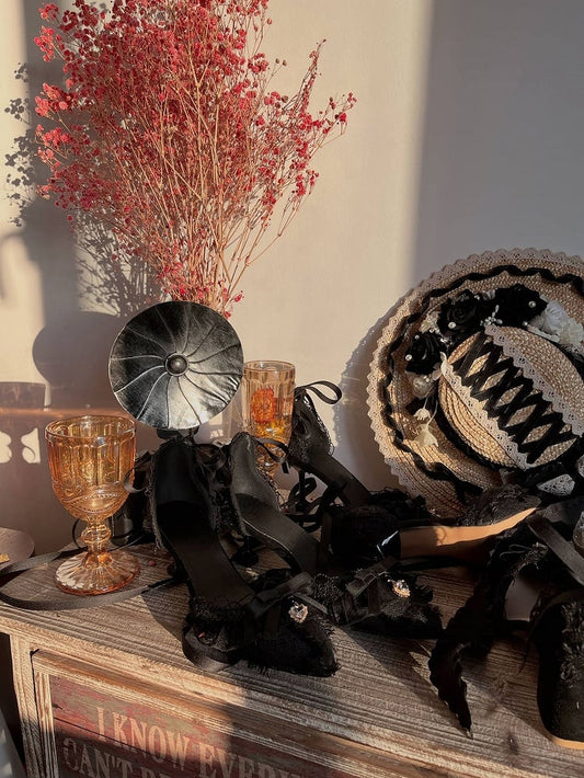 Clearance-Size 38 Lace-up at Ankle Hurry off Lace Design Black 5CM Hime Lolita High Heels