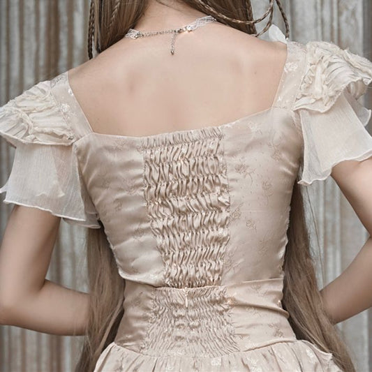 Champagne Lace Hem Lace-up Detail Boned Top Tiered Flutter Sleeves