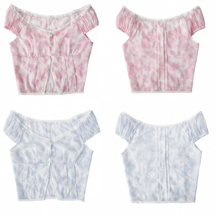 Pink Floral Print V-neck Top Lace Trim