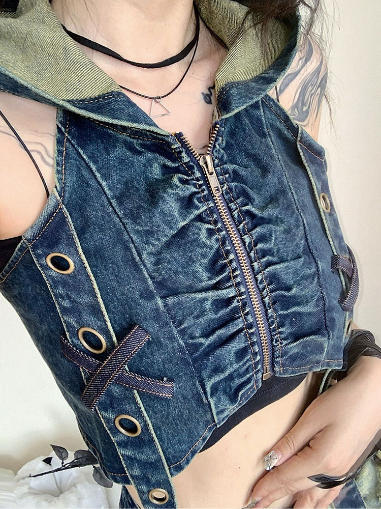 Dune Inspired Punk Straps Design Hooded Denim Top