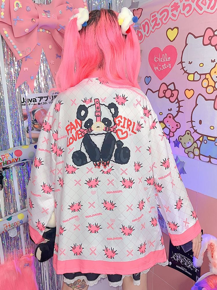 White/Black Panda Print Knot Buttons Banded Collar Jacket