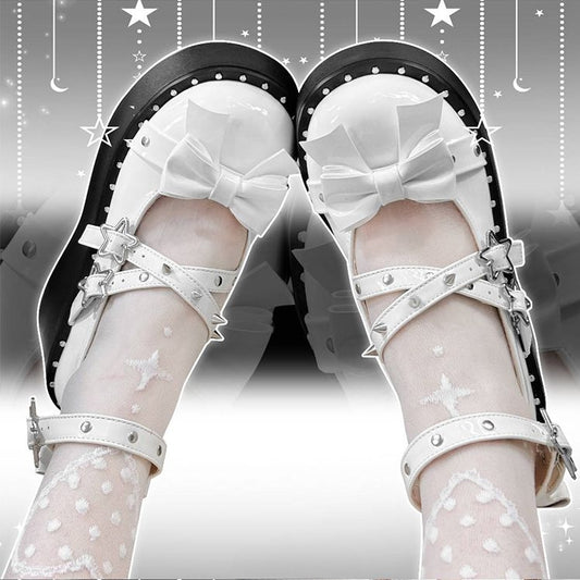 Star Buckles Polished White Platforms Silver-tone Studs Bow at Top