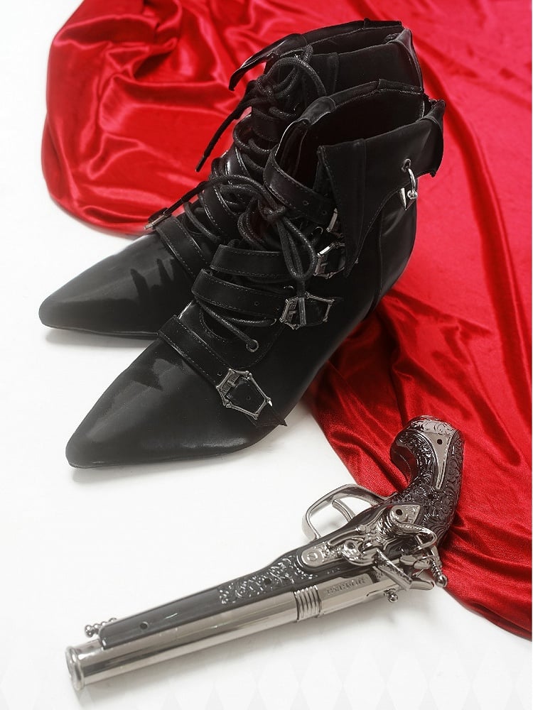 Coffin-shaped Buckle Straps Velvet Black Gothic Lolita High Heels