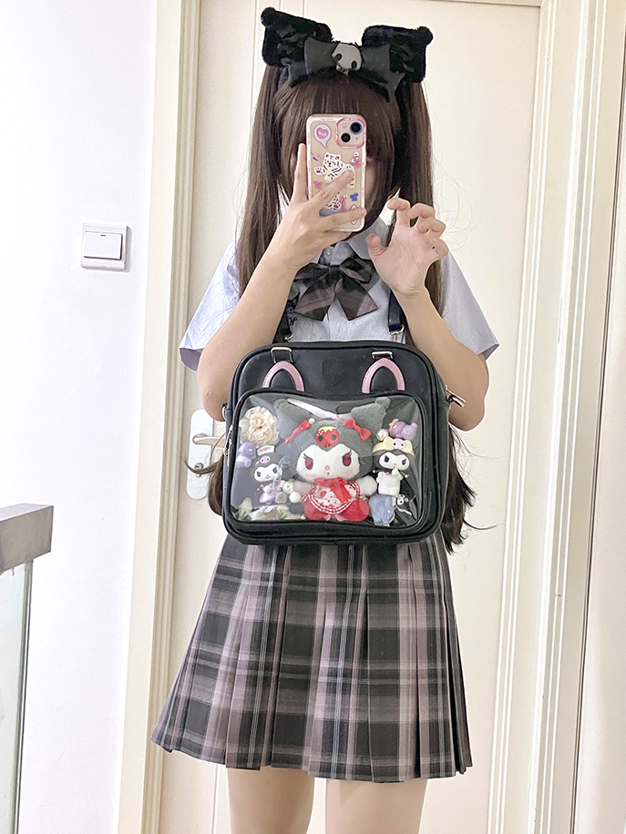 Kitty Ears Design Black and Pink PU Square Ita Bag
