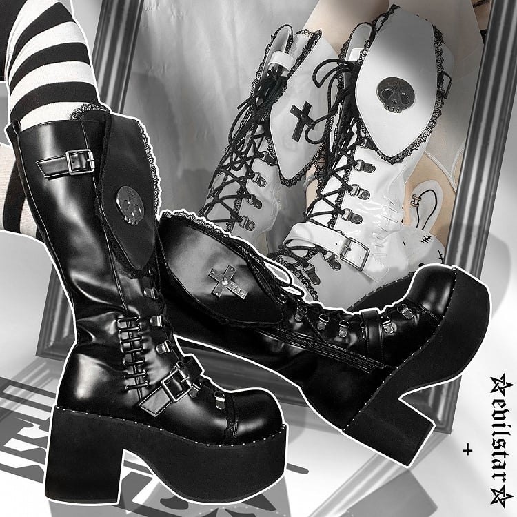 Clearance-Size 37 Bad Bunny Lace Trim Bunny Ears Design Black PU Gothic Lolita Platforms Boots