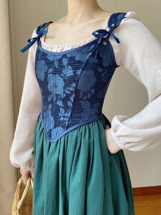 Dark Blue Scoop Neckline Corset with Floral Pattern