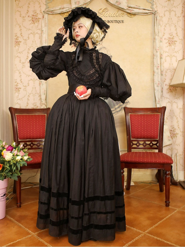 Black Leg-of-Mutton Sleeves Vintage Lace Blouse and Black Skirt Long Version Set