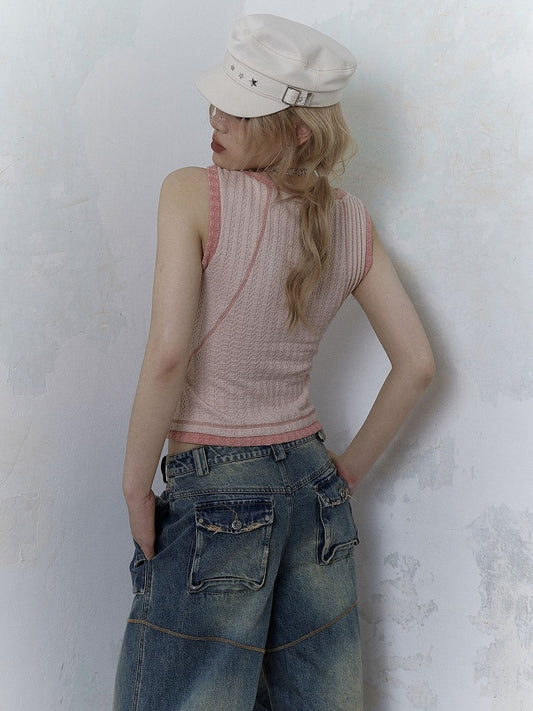 Punk Skull Print Pink Knitted Tank Top