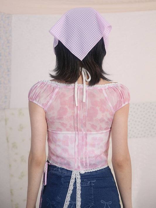 Pink Floral Print V-neck Top Lace Trim