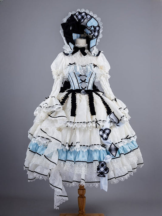 Alice in Wonderland Vibes Blue Boned Corset Top + Tiered Skirt Gorgeous Hime Lolita Full Set