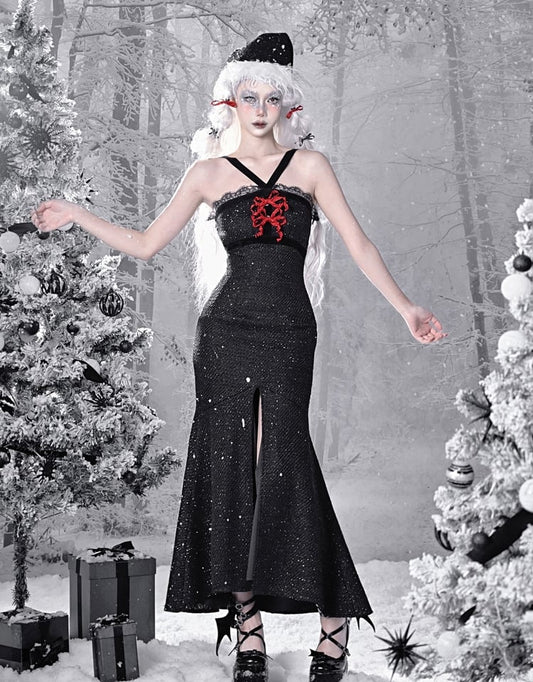 Gothic Christmas Lace Trim Thigh-high Slit Mermaid Skirt Tweed Sheath Dress