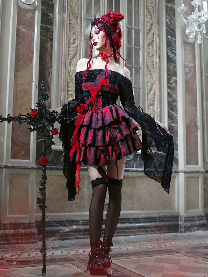 Cross Romantic Goth Top Black Lace Flounce Sleeves Cropped Top