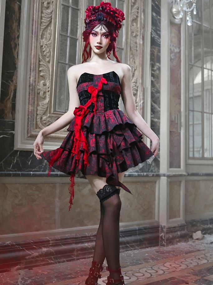 Romantic Goth Strapless Dress Cross at Bodice Jacquard Dress