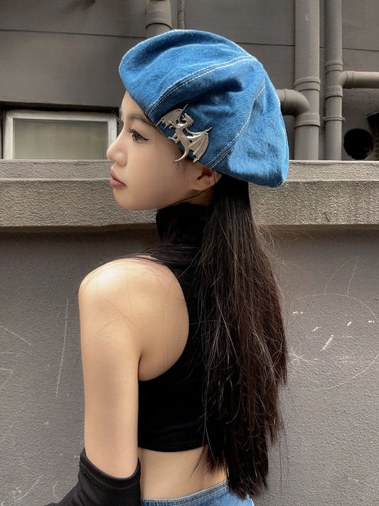 Dragon Decorated Blue Denim Beret