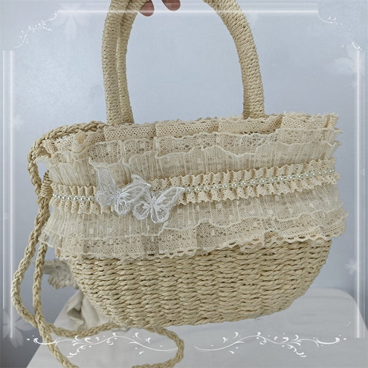 5 Color Options Lace Trim Bow Pastoral Tote Bag
