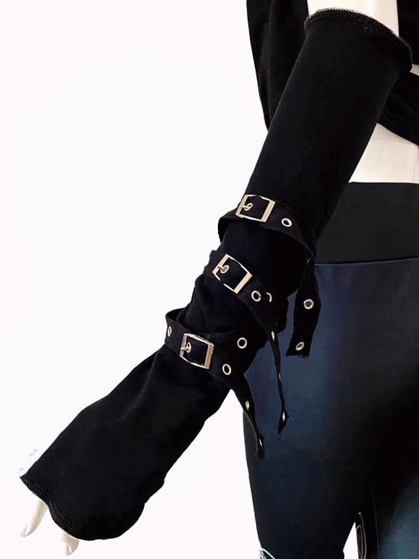 Straps Design Gothic Black Long Gloves