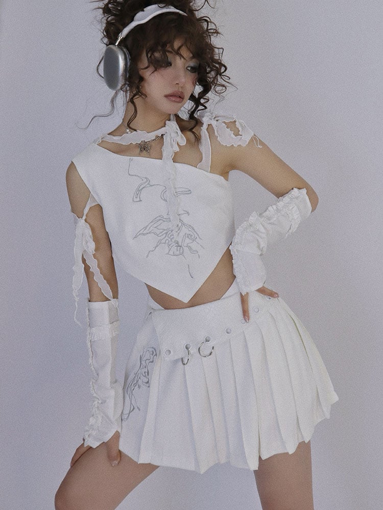 Butterfly Embroidery White Top Selt-tie Straps