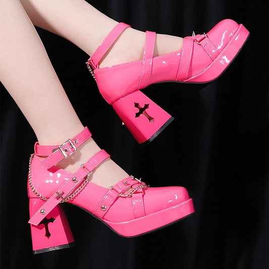 Silver-tone Studs Punk Barbie Pink High Block Heel Shoes
