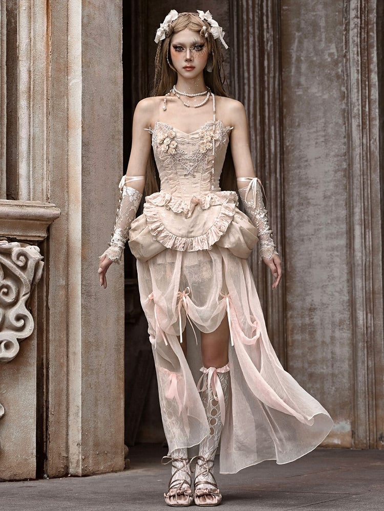 Champagne Boned Lace-up Floral Corset+Chiffon High-low Skirt Goth Set