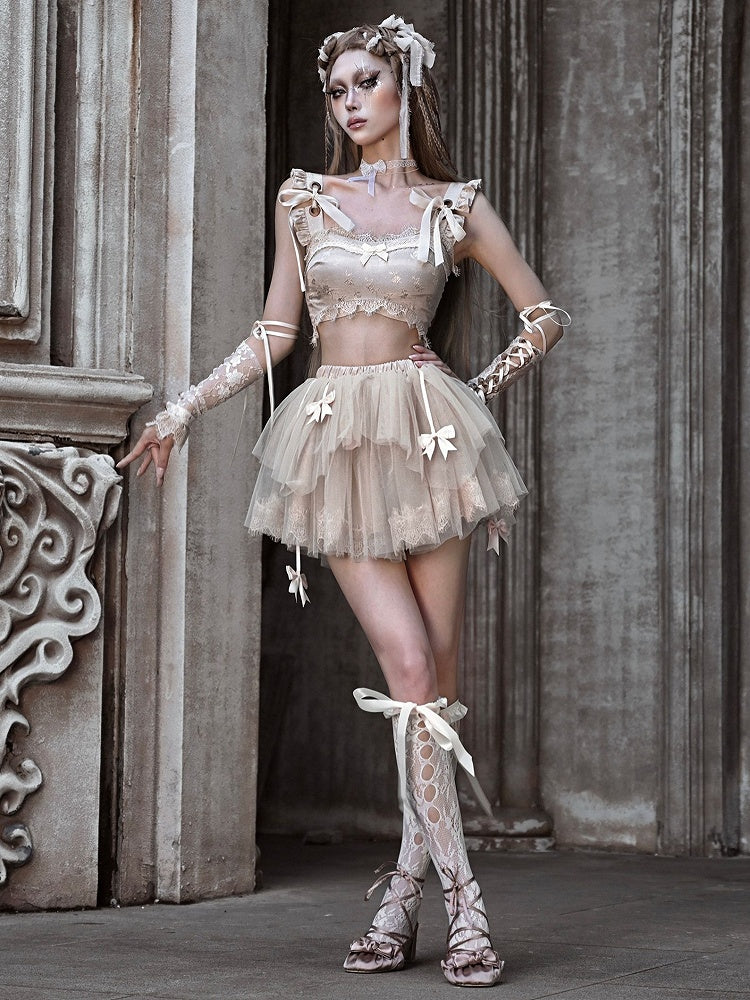 Champagne Ballet Tiered Ruffles Tulle Skirt Bowknots Details