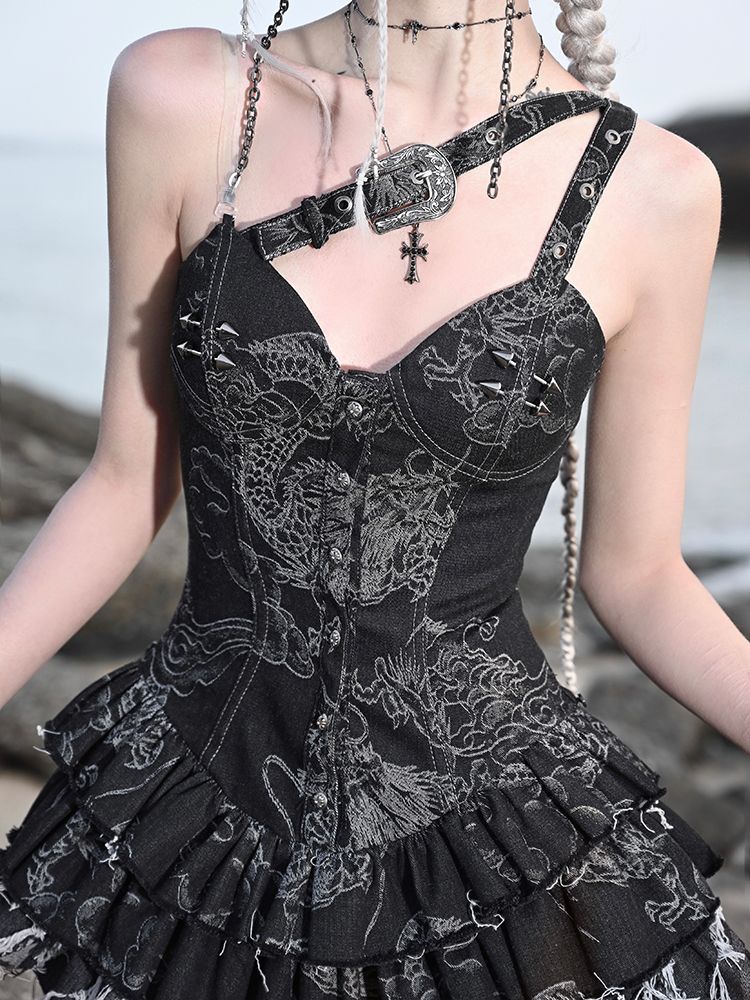 Dargon Pattern Black Denim Corset Dress with Detachable Tulle Hem Summer Punk Festival Dress