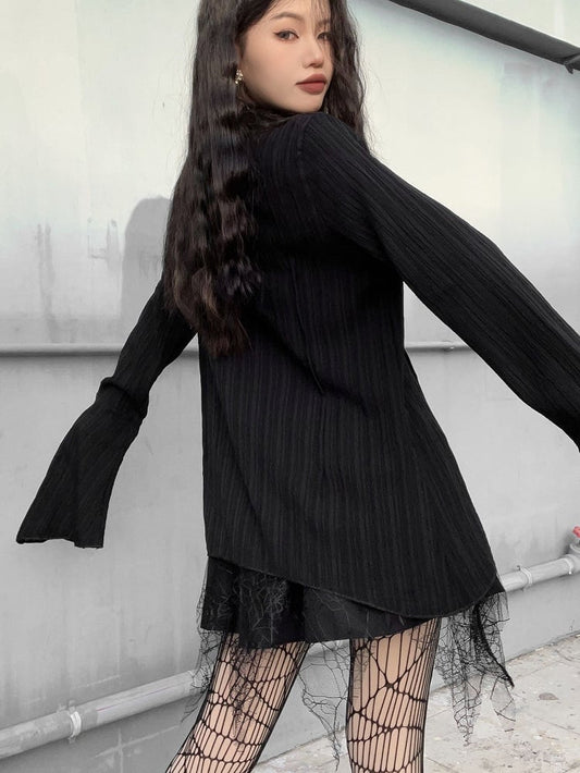 Cross Decorative Irregular Hem Punk Black Shirt