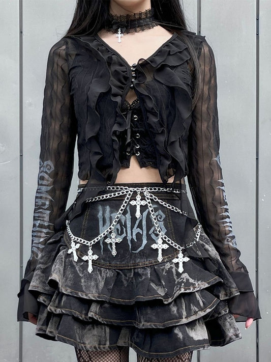 Black Semi-sheer Chiffon Ruffles Crop Top Music Festival Outfits