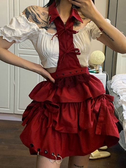 White Puff Sleeves Cropped Top with Black Bowknots