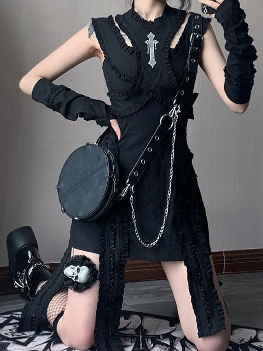 Cross Embroidery Black Dress